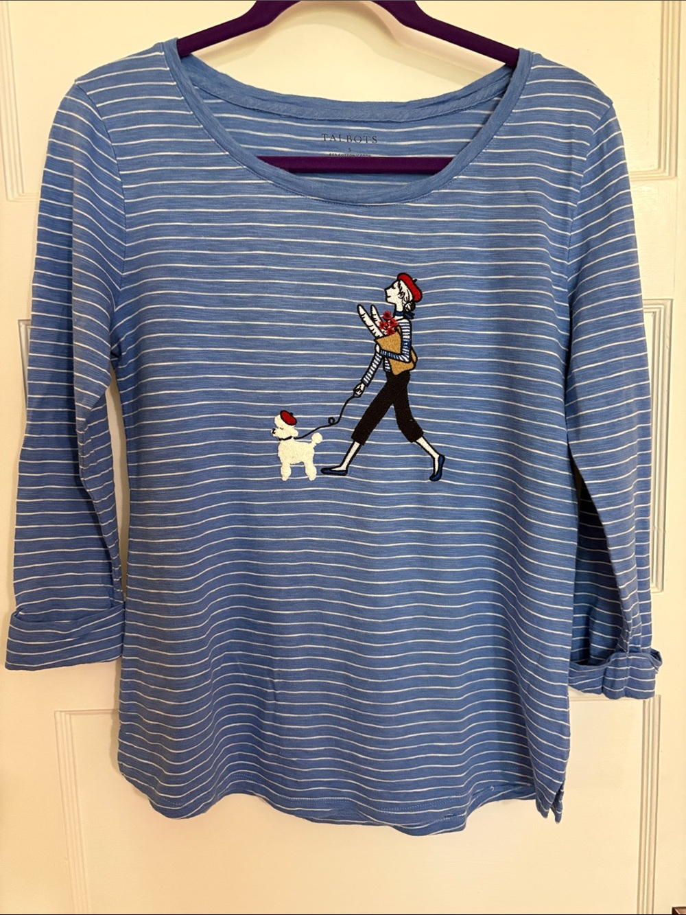 Cute Talbots Blue Striped 3/4 Sleeve Tee with Dog Walker Embroidery - size S